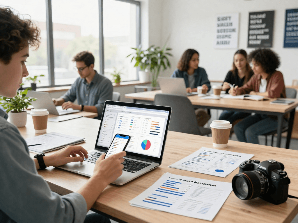 Buy app install visual showcasing active marketing strategies in a modern workspace.