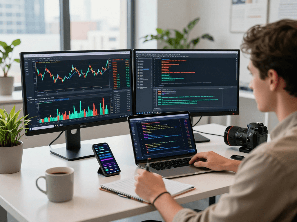 在TradingView官网上专业交易工作空间，交易者通过多显示器追踪市场动态。