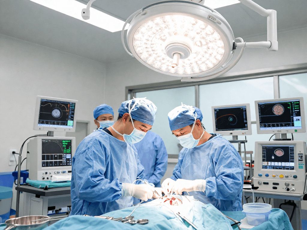 beyin tümörü ameliyatı in a modern operating room with a surgical team performing a brain surgery.