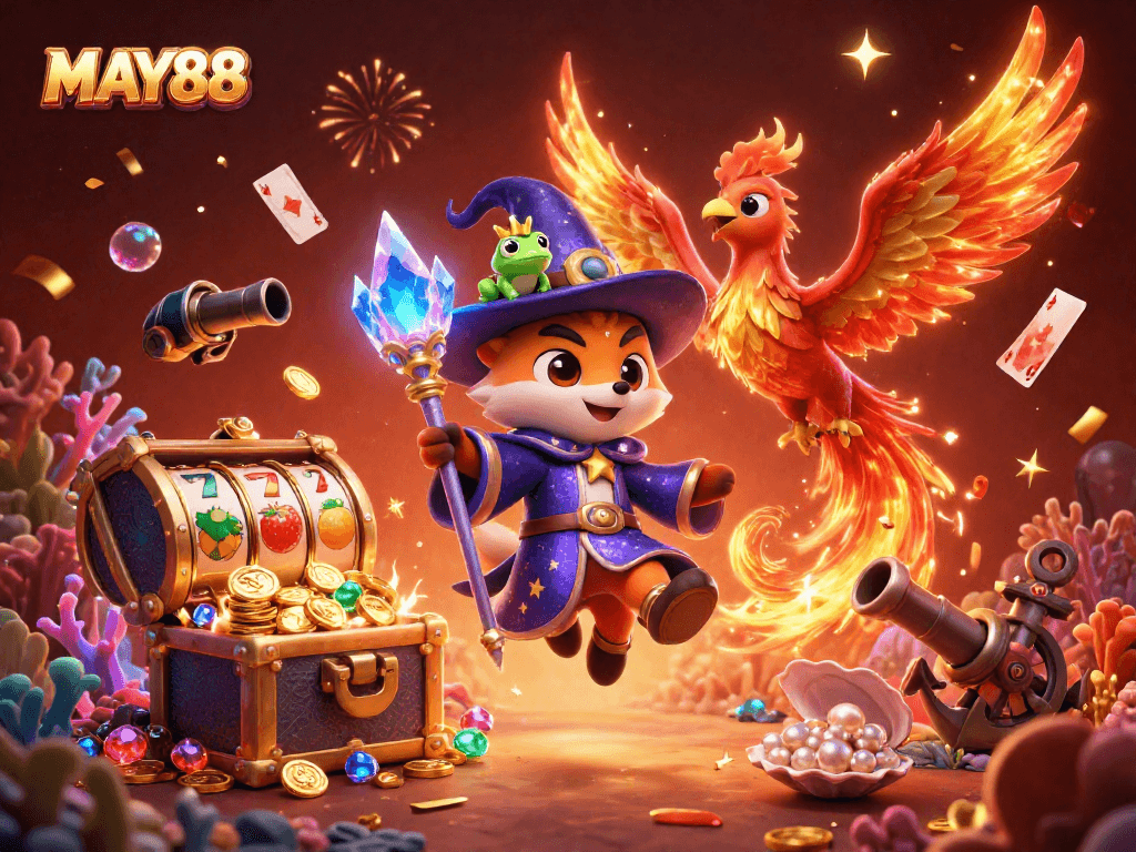 MAY88 casino gaming illustration featuring a wizard fox, a flaming phoenix, and vibrant slot reels