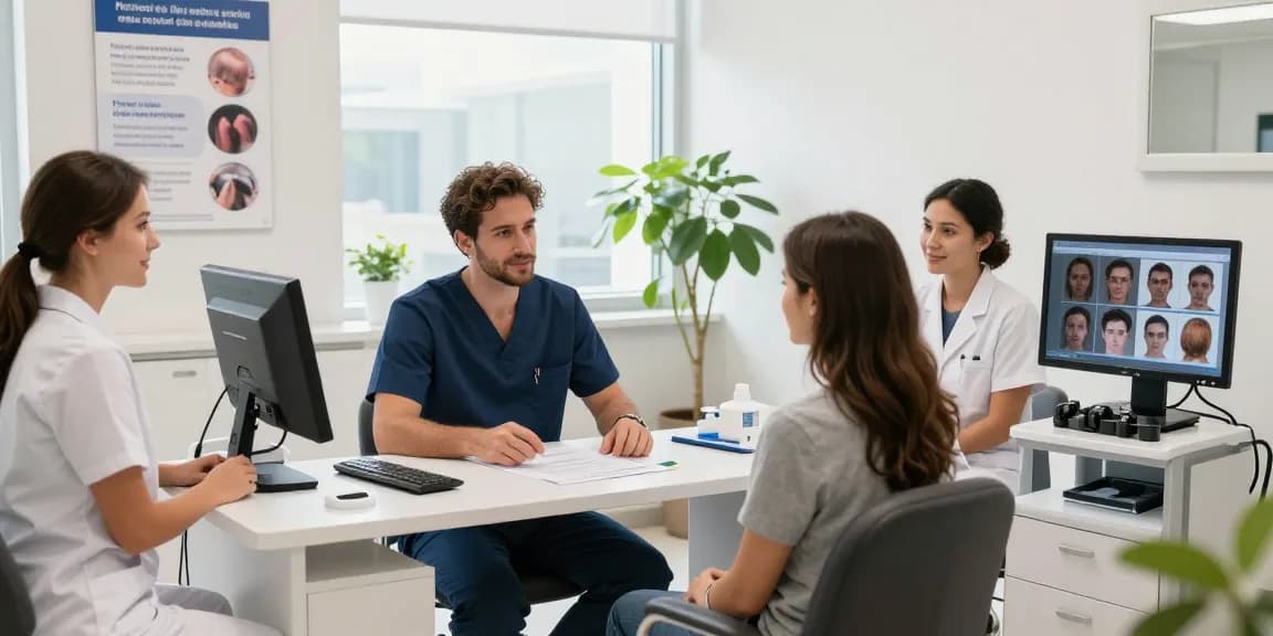Transformative hair transplant turkey consultation scene in medical clinic with professionals and patients