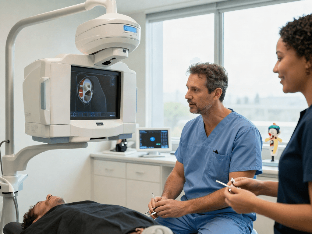 Dr Michaelis top U.S. oral surgeon consulting with a patient in a modern dental clinic.