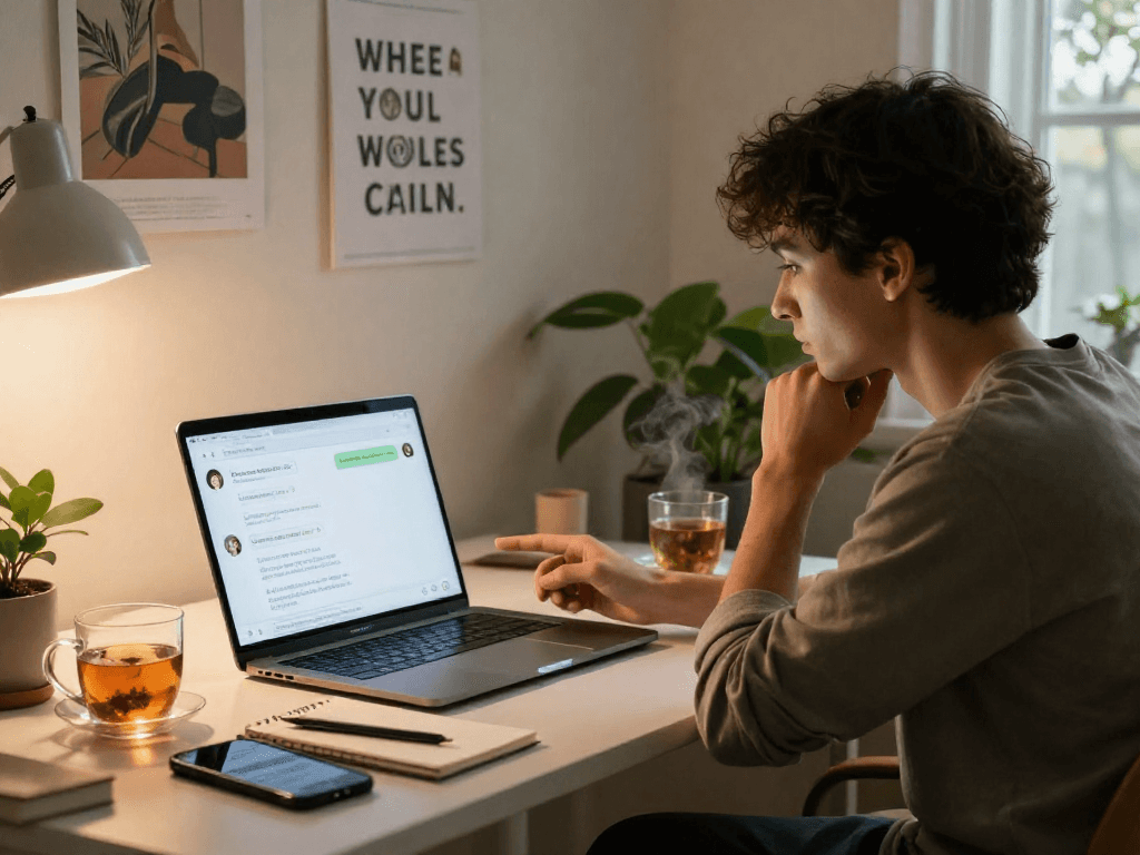 Engaging user with AI chat nsfw technology in a cozy workspace.