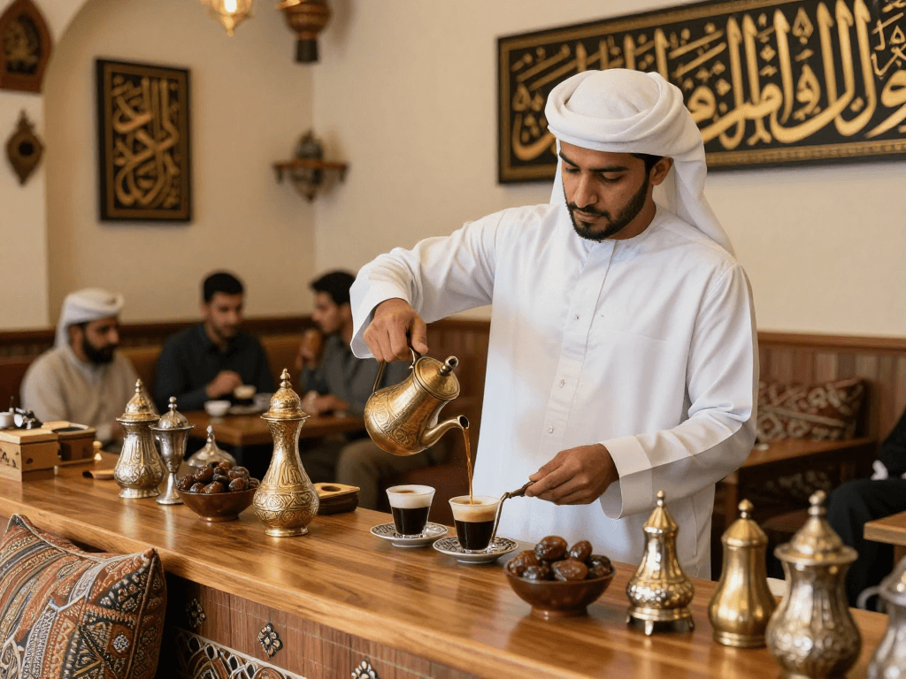 قهوجيين وصبابين يتشاركون في تحضير القهوة العربية في مقهى دافئ