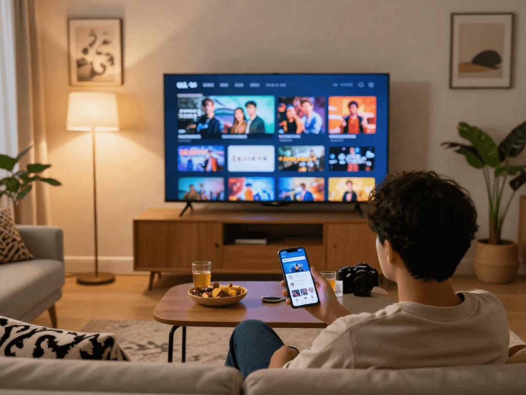 Cocoflix streaming scene featuring vibrant digital content interface in a cozy living room.