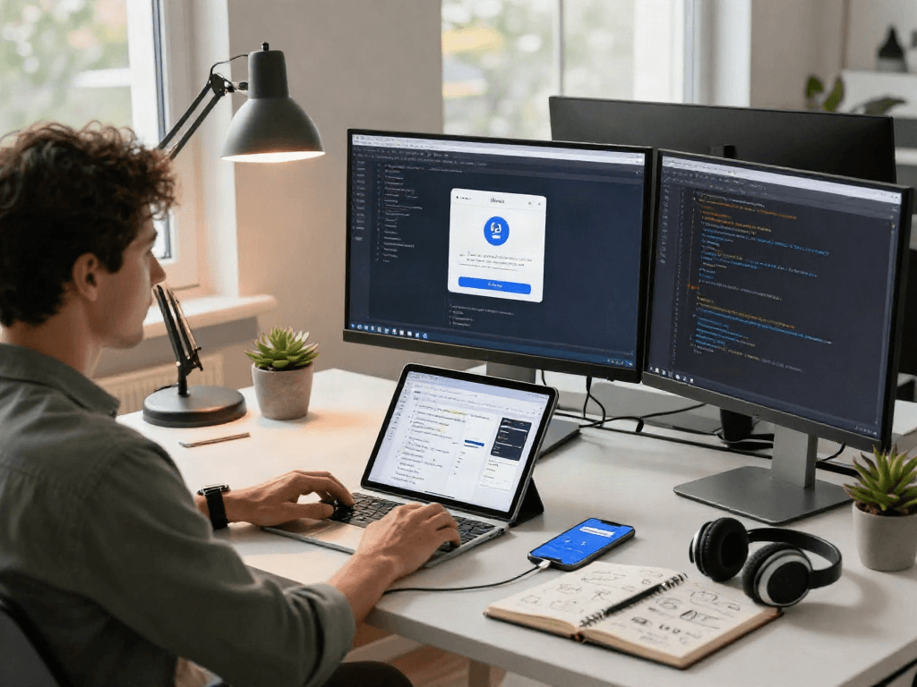 Mobile developer designing the pikashow apk interface in a modern workspace with multiple screens and tech elements.