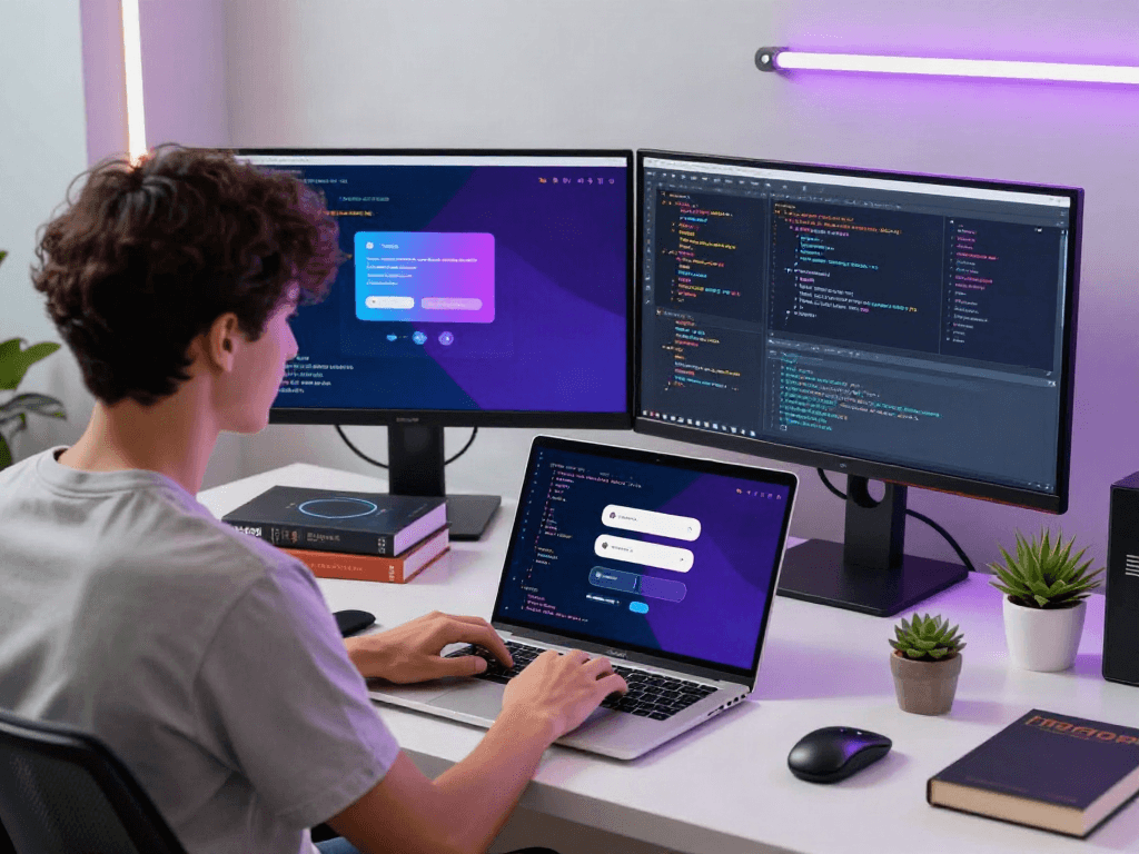 Developer coding gb whatsapp interface in a modern workspace.