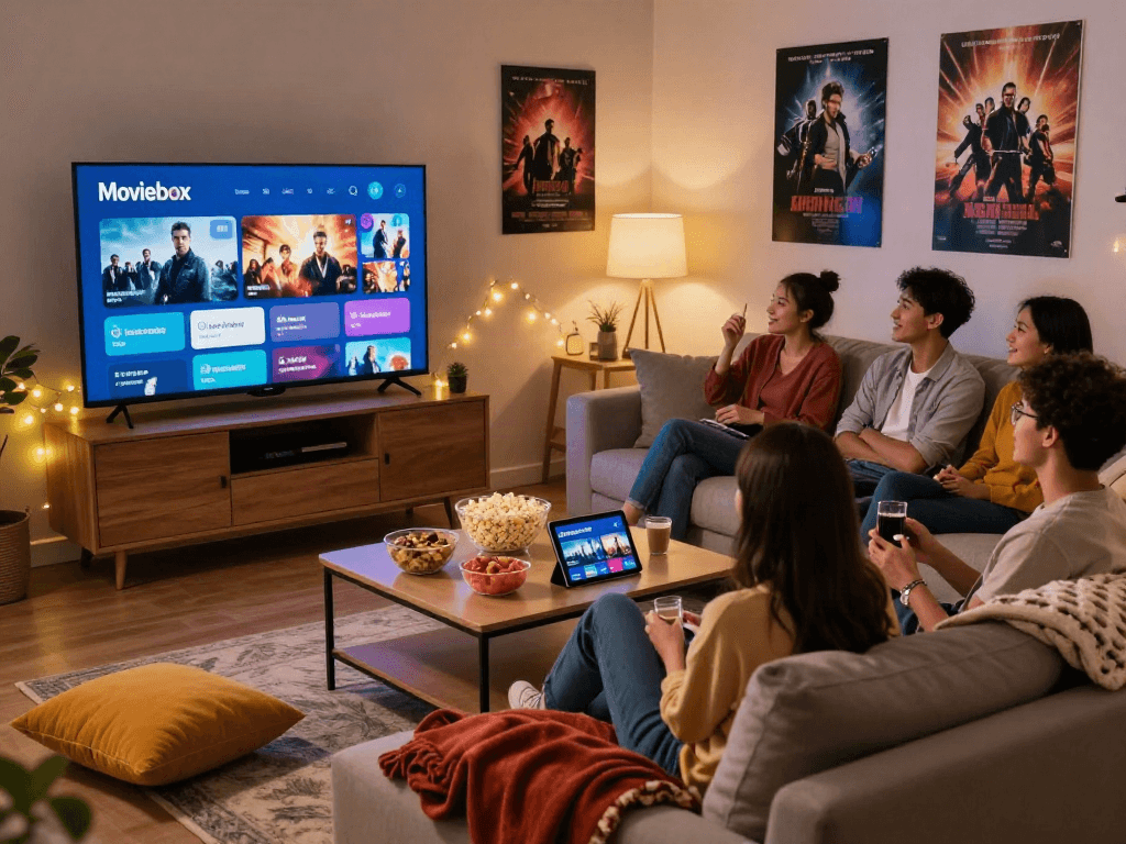 Friends enjoying a movie night with Moviebox app in a cozy living room setting.