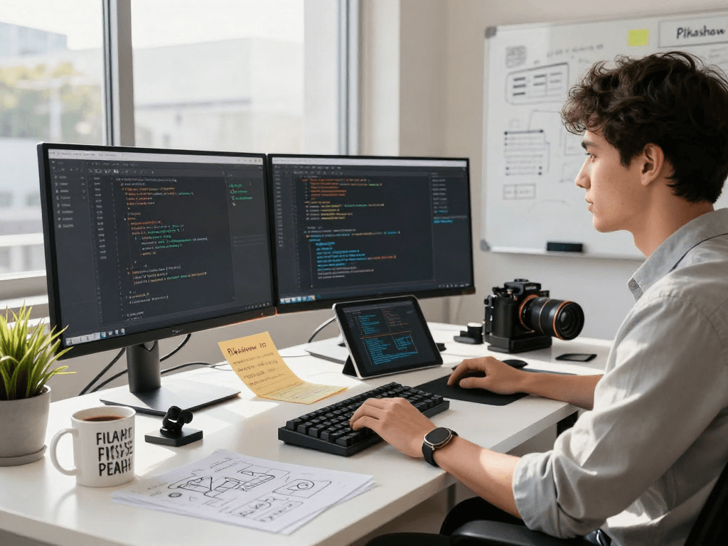 Pikashow app development workspace with software interface and coding elements.