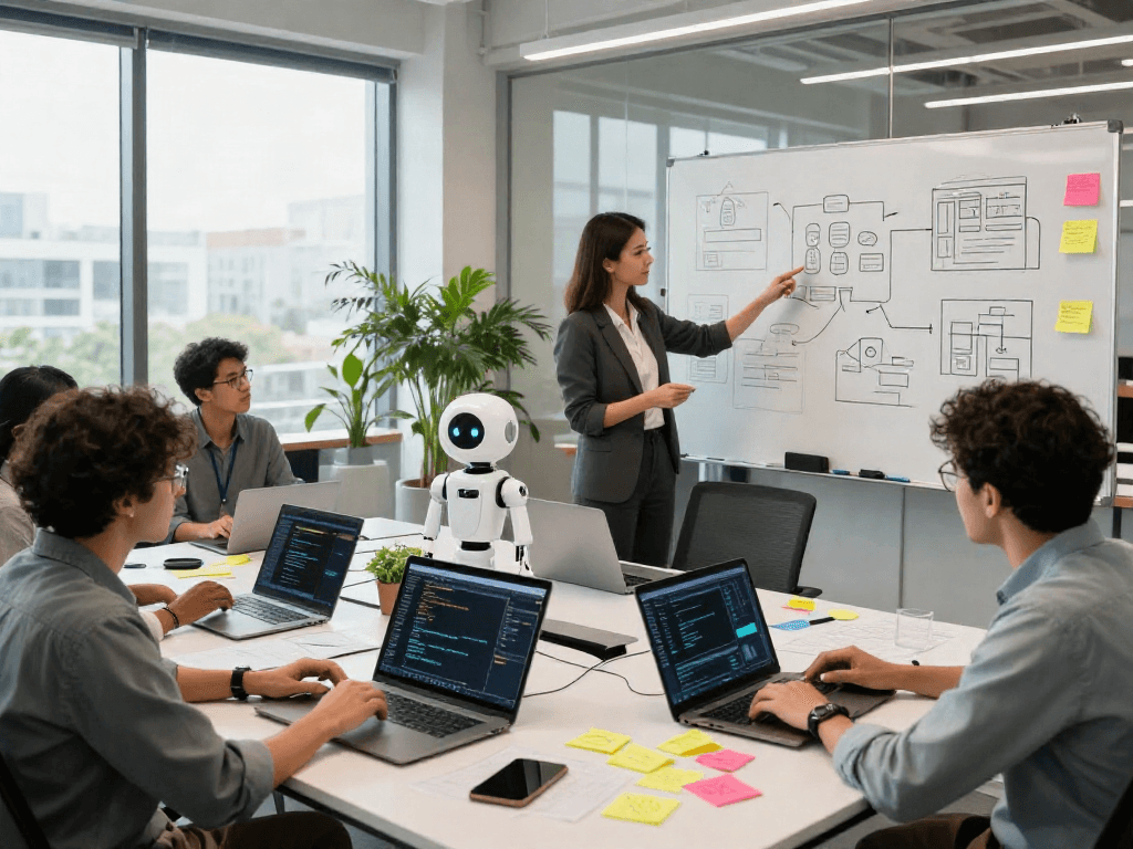 Team of developers collaborating on a sex bot project in a vibrant workspace.