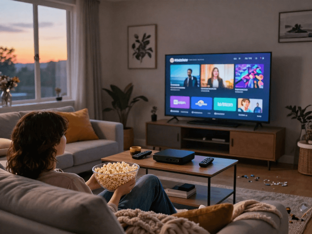 Pikashow streaming experience with a cozy movie night setup at home.