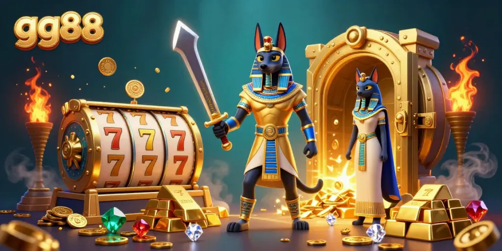 Experience the thrill of gg88 with ancient deities in a rich casino atmosphere filled with gold and gems.
