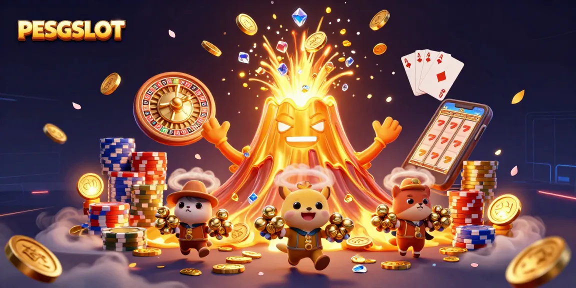 PESGSLOT presents a vibrant scene of a volcano erupting coins and gems, showcasing exciting casino elements.