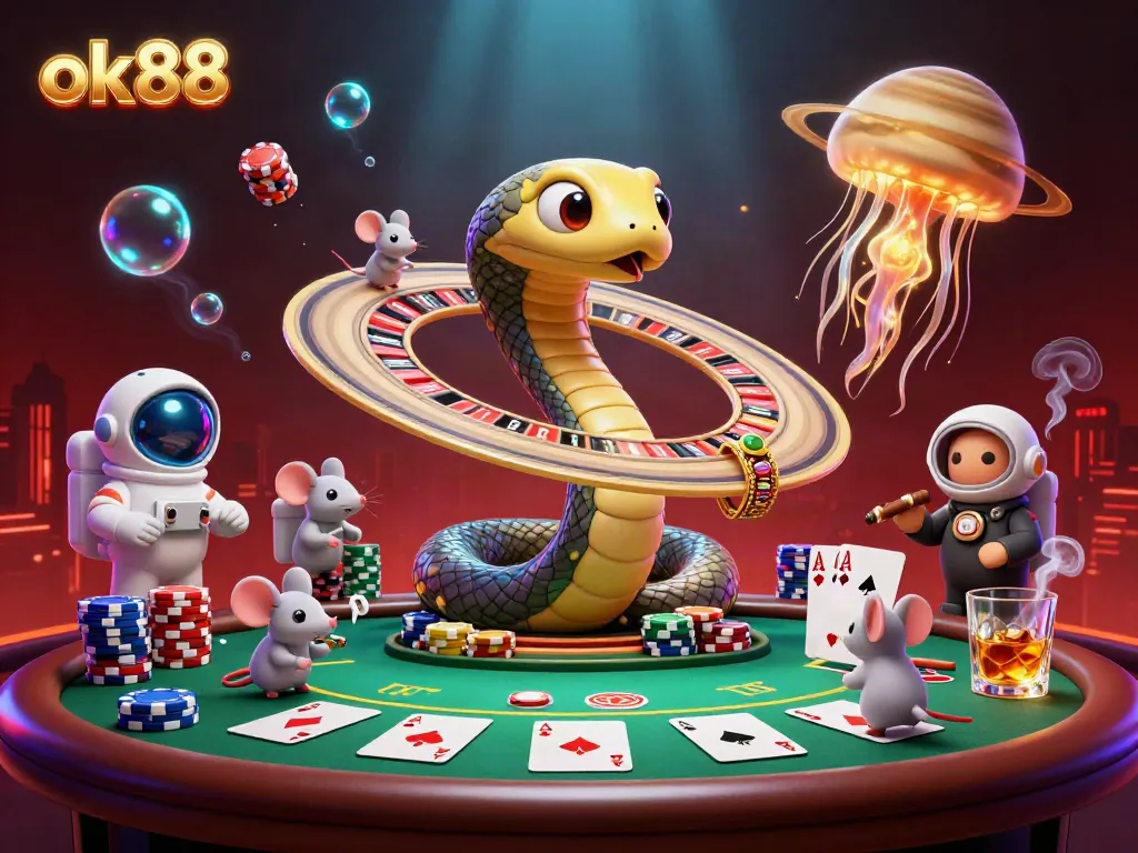 Experience the excitement of ok88 with astronaut mice betting on a cosmic roulette wheel scene.