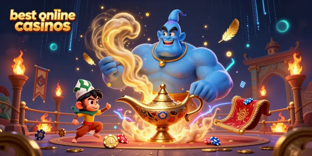 Experience the excitement of the best online casinos with a vibrant 3D genie scene showcasing charming characters and casino elements.