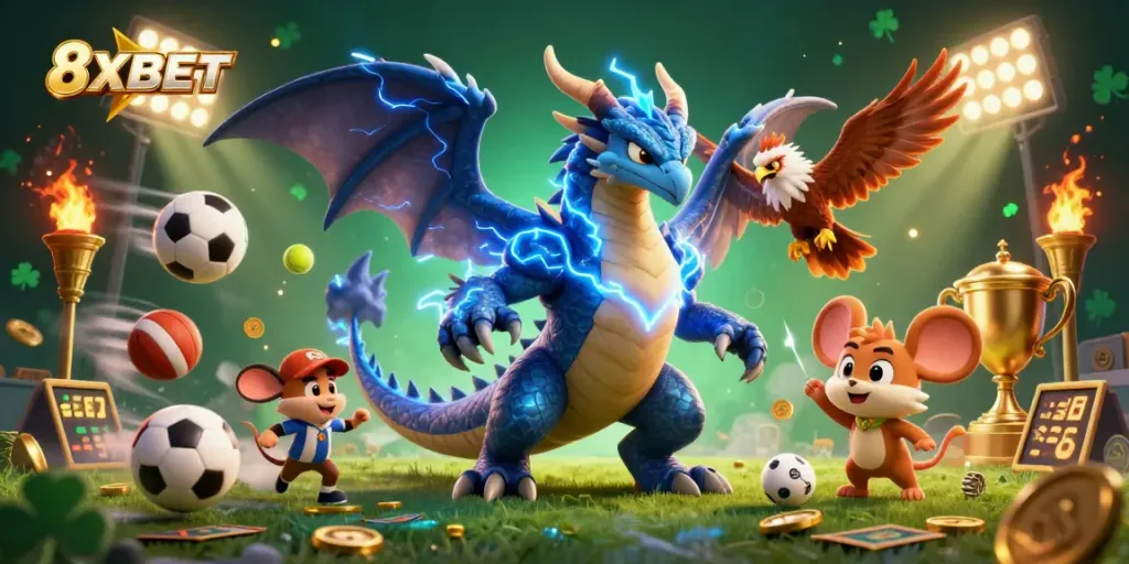 8XBET offers thrilling gaming opportunities with a dynamic 3D illustration featuring a thunder dragon and sports elements.