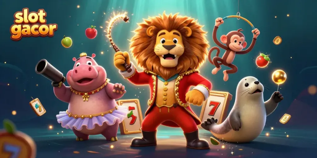 Experience the thrill of slot gacor with a dazzling circus scene filled with vibrant characters and jackpots.