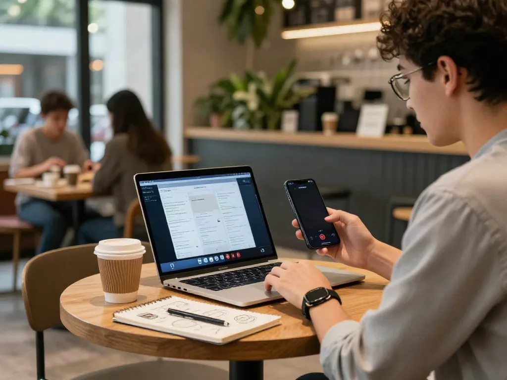 Engaging scene of a user utilizing Insanony to watch Instagram stories at a trendy café.
