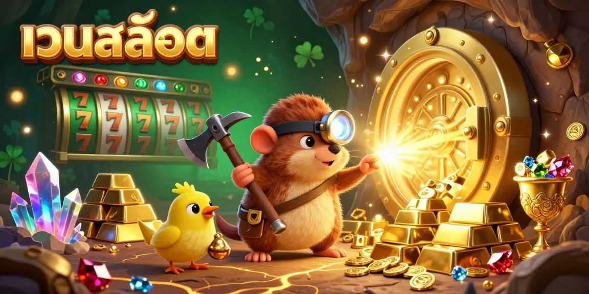 Experience เว็บสล็อต thrills with a vibrant treasure hunting scene featuring a mole and canary amidst slot machines.