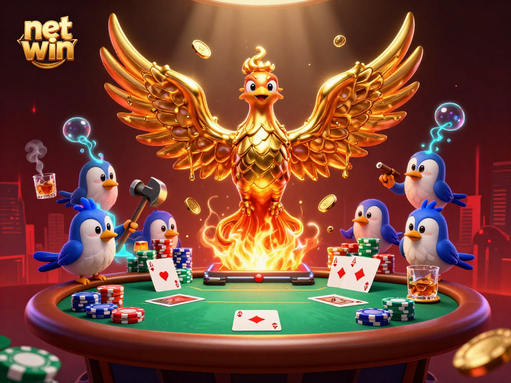 Experience net win at an electrifying casino scene with a golden phoenix and poker elements.