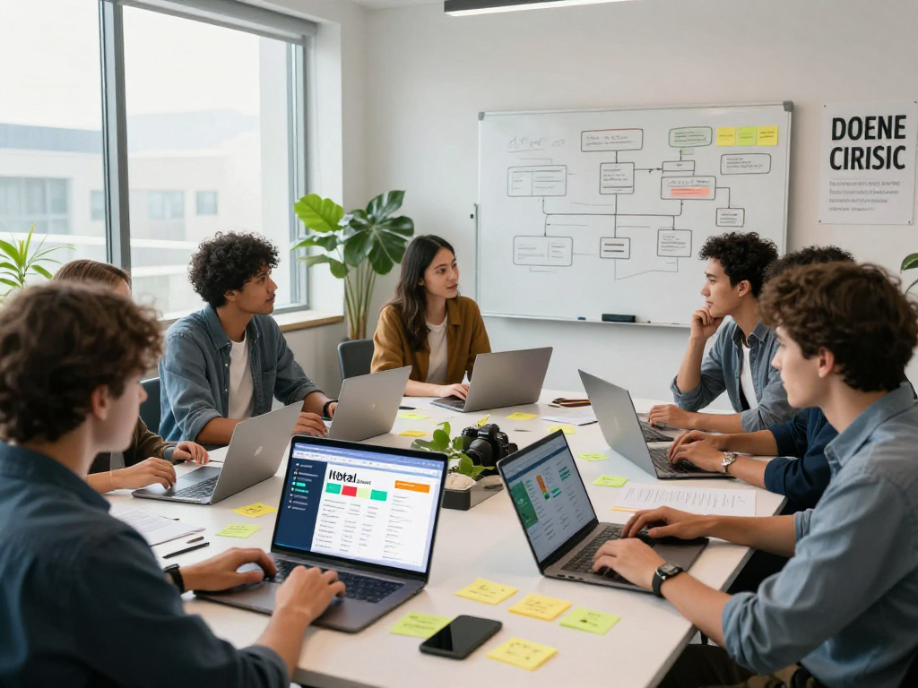 Collaborative software development team discussing hotel management software systems in a modern workspace.