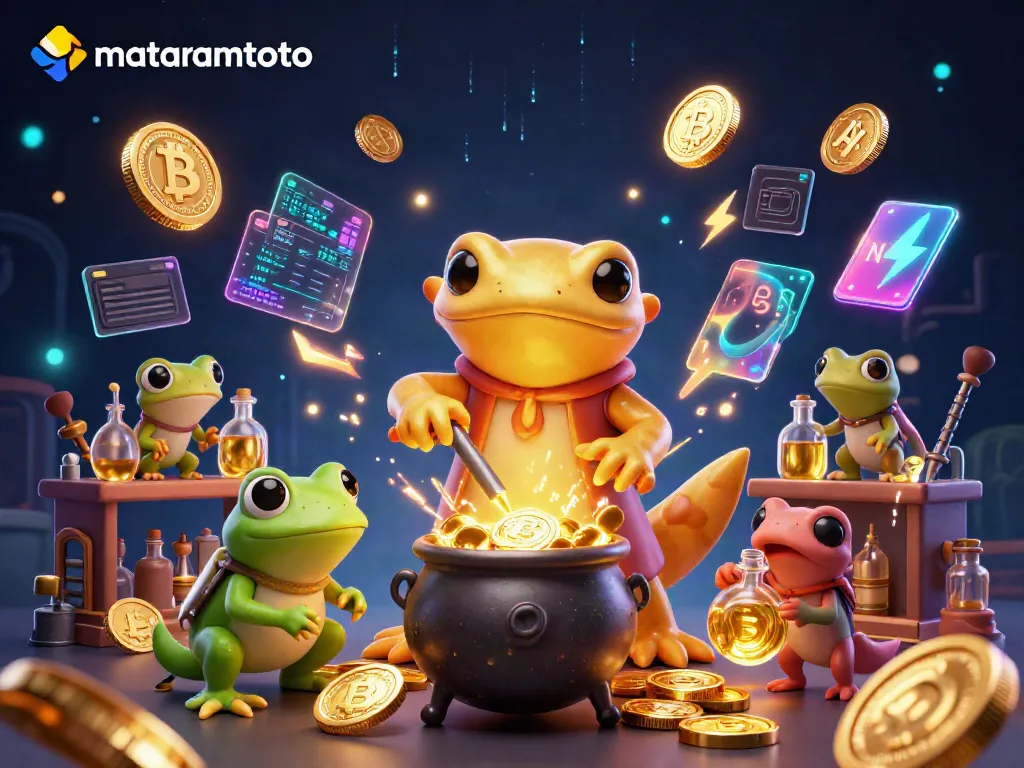 Experience the excitement of mataramtoto with a vibrant illustration of alchemy and digital currency.