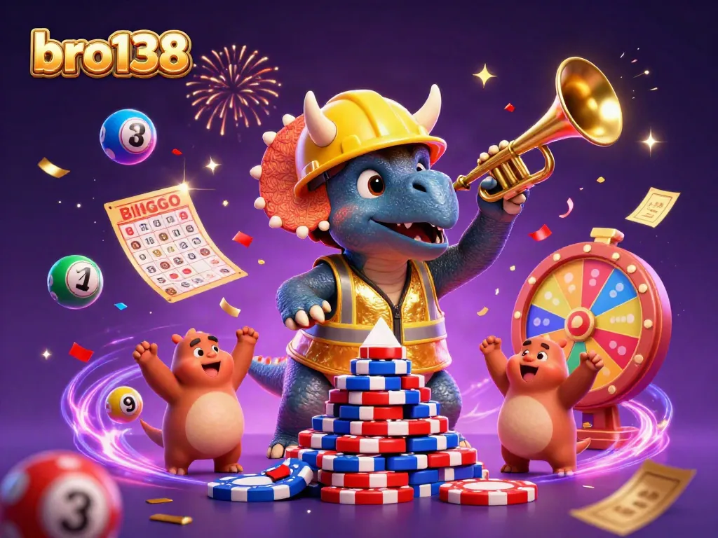 bro138 interactive gaming scene with a dinosaur celebrating wins amid colorful casino elements.