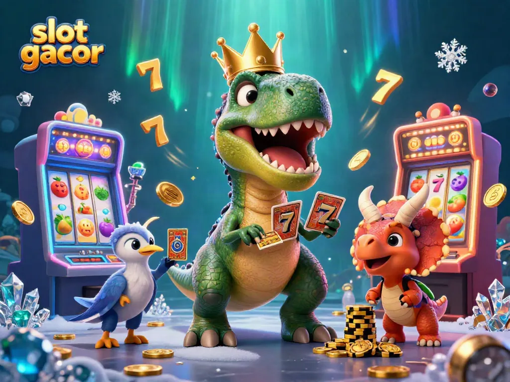 Engage in thrilling slot gacor action with cartoon T-Rex, pterodactyl, and triceratops in a vivid casino scene.