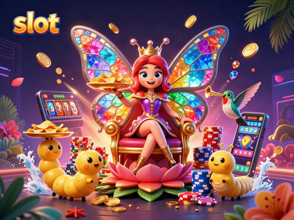 Spin the slot reels with the colorful butterfly queen amidst cascading coins and shimmering gems.