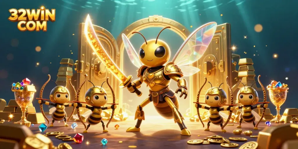 Engage with 32WIN COM's immersive casino adventures featuring golden hornet samurai and dazzling treasures.