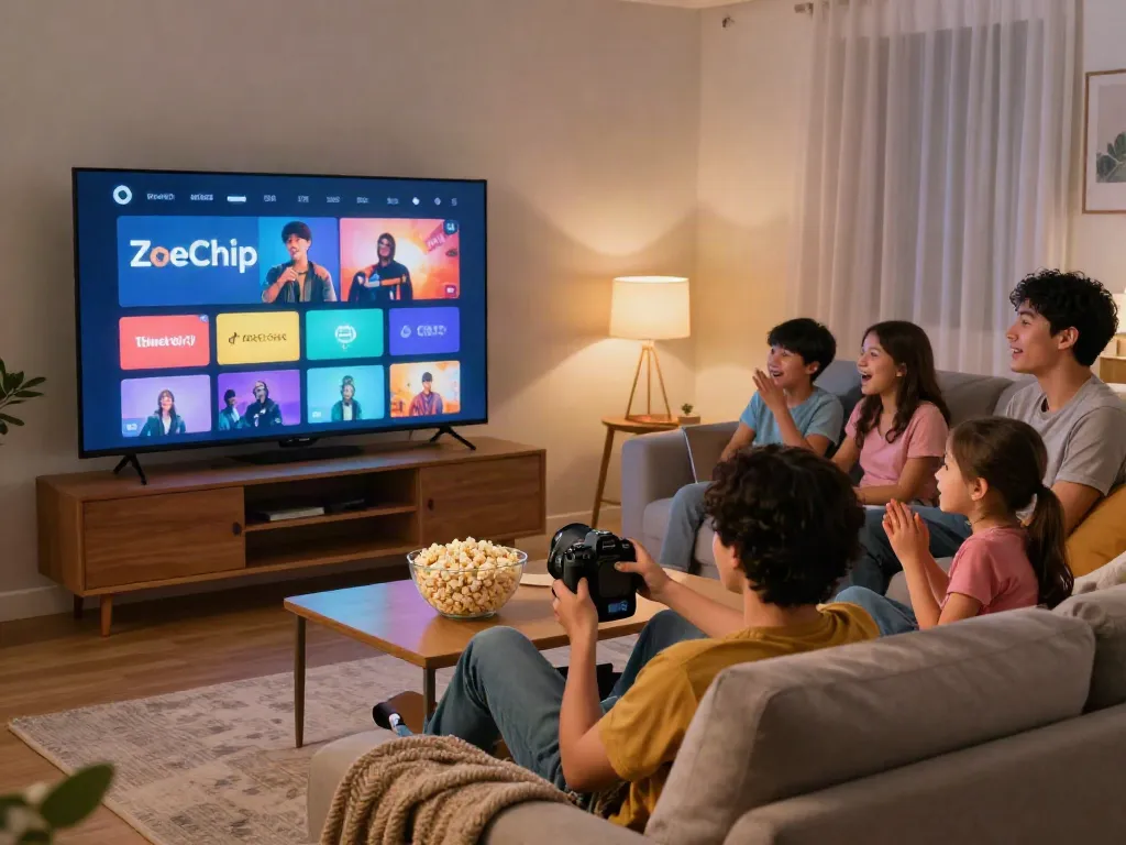 Cozy living room movie night featuring ZoeChip streaming service