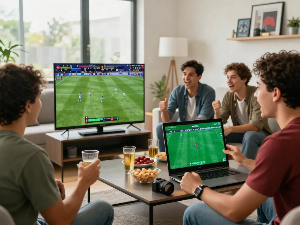 Friends enjoying a live football match while using WWBOLA app for sports betting.