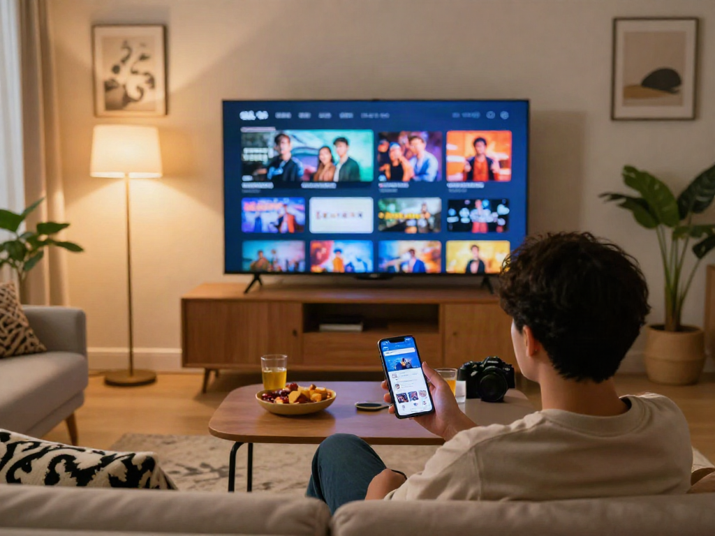 Cocoflix streaming scene featuring vibrant digital content interface in a cozy living room.