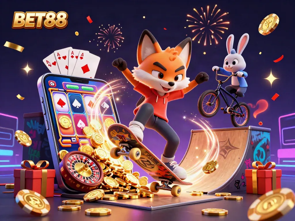 BET88 tham gia cược bằng cách kích hoạt máy đánh bạc trong không gian đầy màu sắc.
