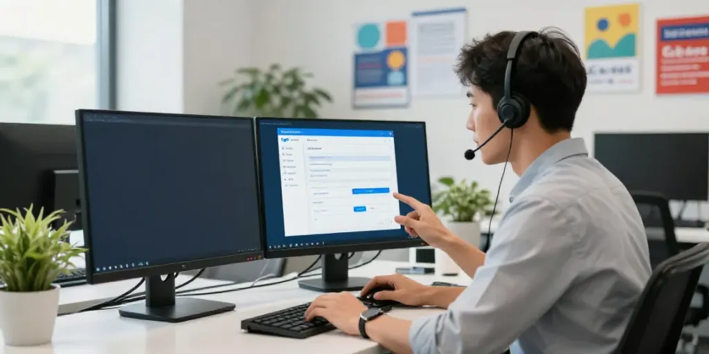 Hotmail support Canada team member assisting a client in a professional office setting.