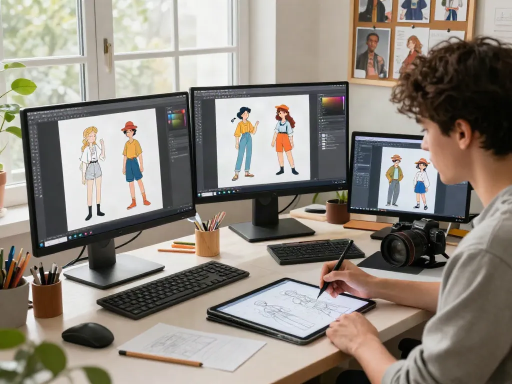 Illustrator using an AI character sheet generator in a creative workspace with character designs.