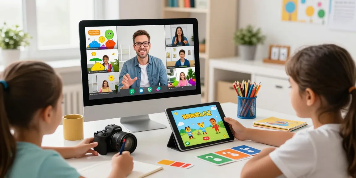 Children engaging in fun online English lessons with expert tutors, learning English online for kids.