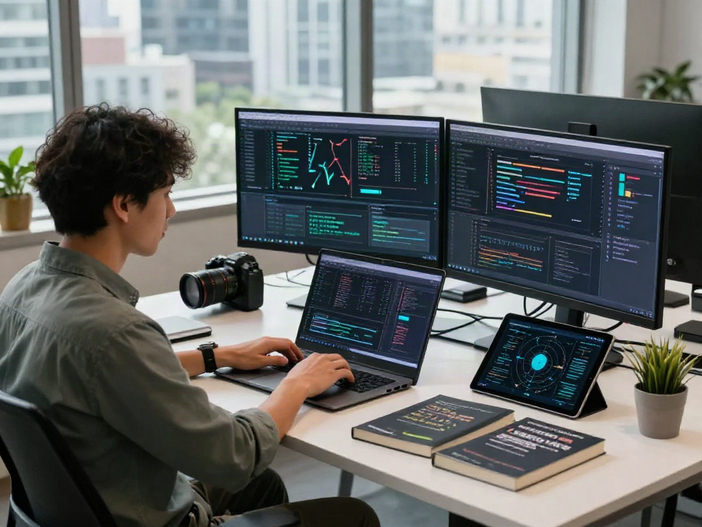AI Detection tools being analyzed by a data scientist in a modern tech workspace with multiple screens and city views.