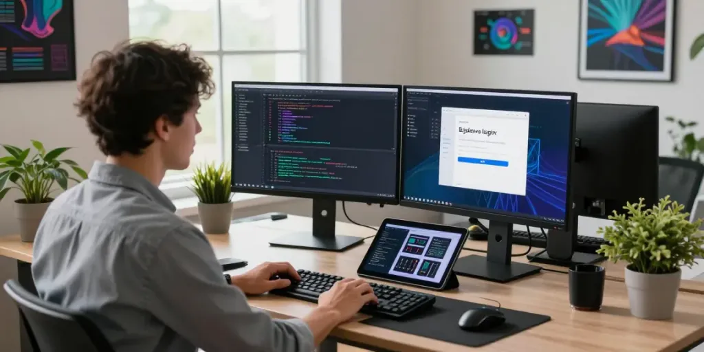 Engaged developer coding at a standing desk, focusing on bigdewa login in a modern tech workspace.