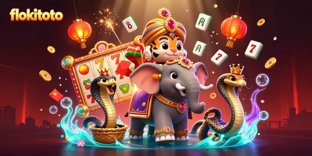 Experience excitement with flokitoto’s vibrant casino scene featuring a maharaja tiger and slot reels.