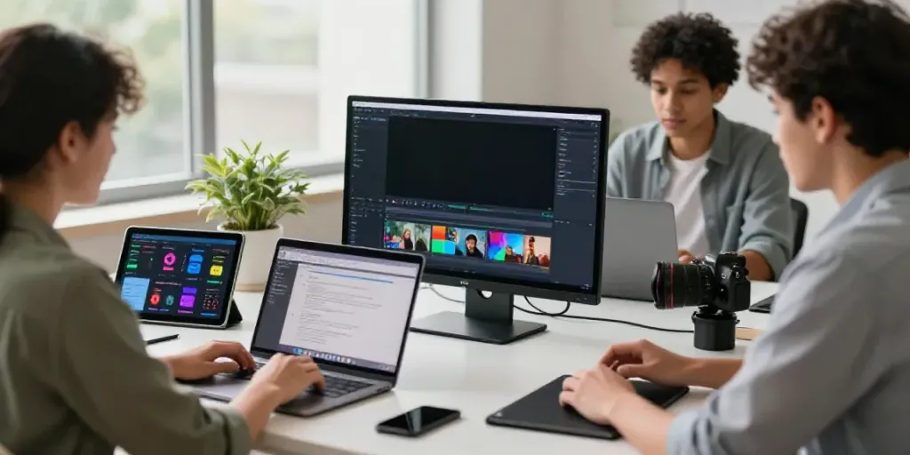 Creating engaging videos with an online AI social media video generator in a modern workspace.