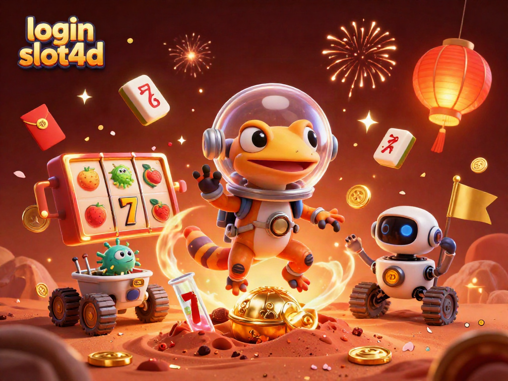 A 3D cartoon scene of a Martian gecko at a golden casino, showcasing login slot4d excitement through vibrant slot reels and glowing elements.