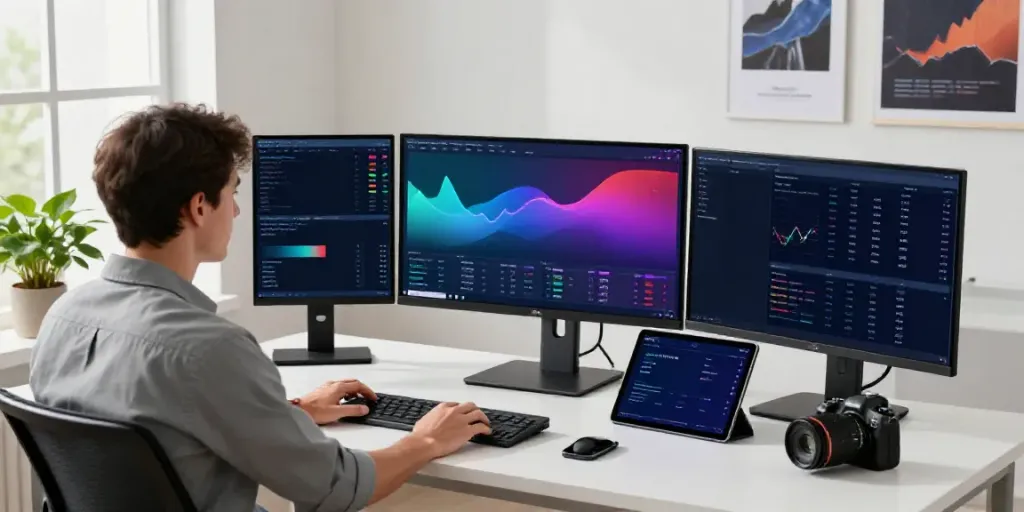 Trader utilizing TradingView on multiple screens in a bright workspace.