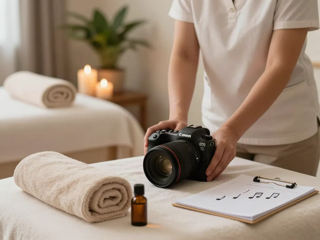 부천출장안마 massage therapist preparing a serene spa setting with soothing ambiance, candles and plants for relaxation