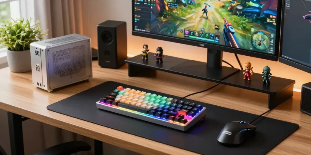 Wooting 60HE v2 case compatibility showcased in modern gaming setup with RGB lighting and accessories