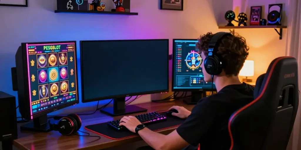 PESGSLOT gaming setup with colorful slot games displayed on screen and immersive player experience.