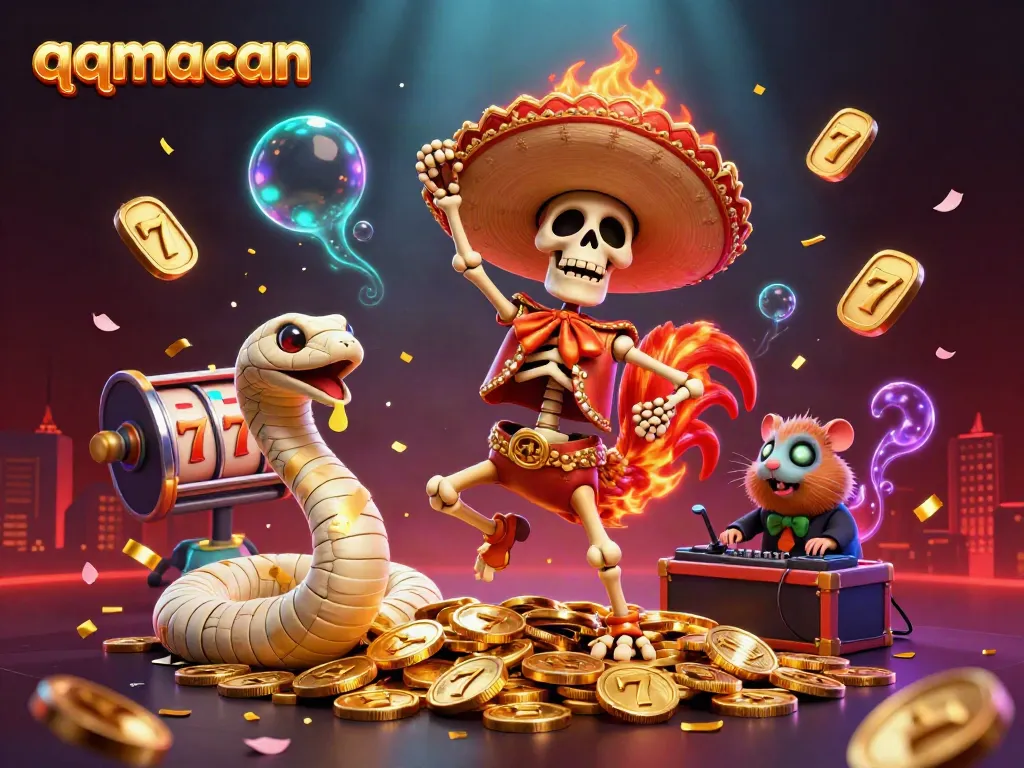 Spin the reels with qqmacan’s vibrant characters celebrating wins and fortune amid a golden casino backdrop.