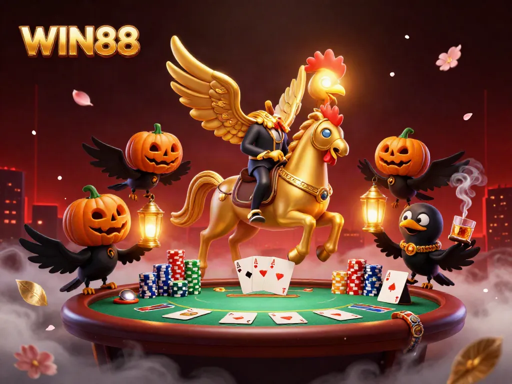 WIN88 gaming scene with golden rooster, poker elements, and vibrant casino atmosphere.