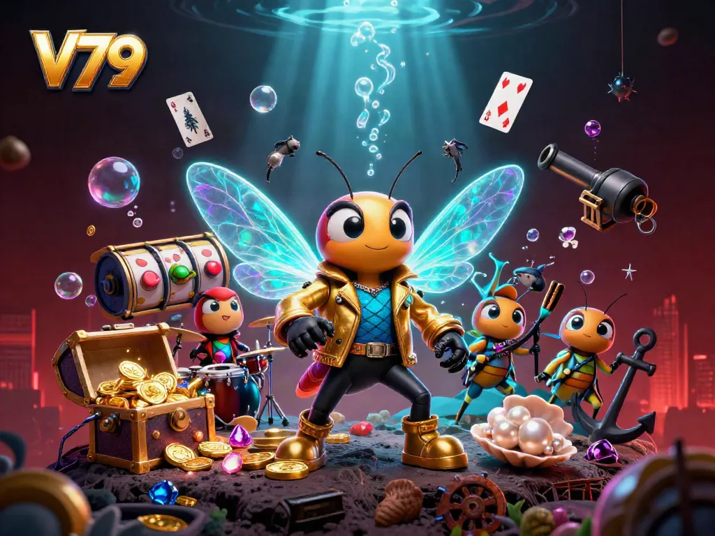 Win big with V79 in this vibrant casino-themed illustration featuring dynamic characters and game elements.