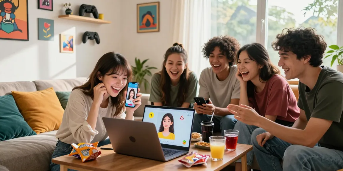 Group of friends playing an online game to see how old do I look, with laughter and engagement.